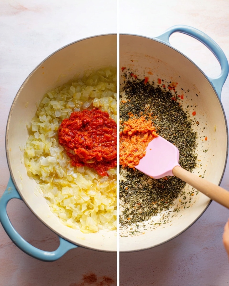 A white pot with blue handles sits on a white marbled surface. Inside, finely chopped onions form a soft yellow layer covering most of the pot's bottom, with a small mound of bright red tomato paste in the center in the first image. In the second image, the onions have turned light orange from cooking, and a dark green layer of mixed herbs is spread on top of the orange onions. A woman's hand is holding a pink silicone spatula, stirring the mixture inside the pot. Photo taken with an iphone --ar 4:5 --v 7