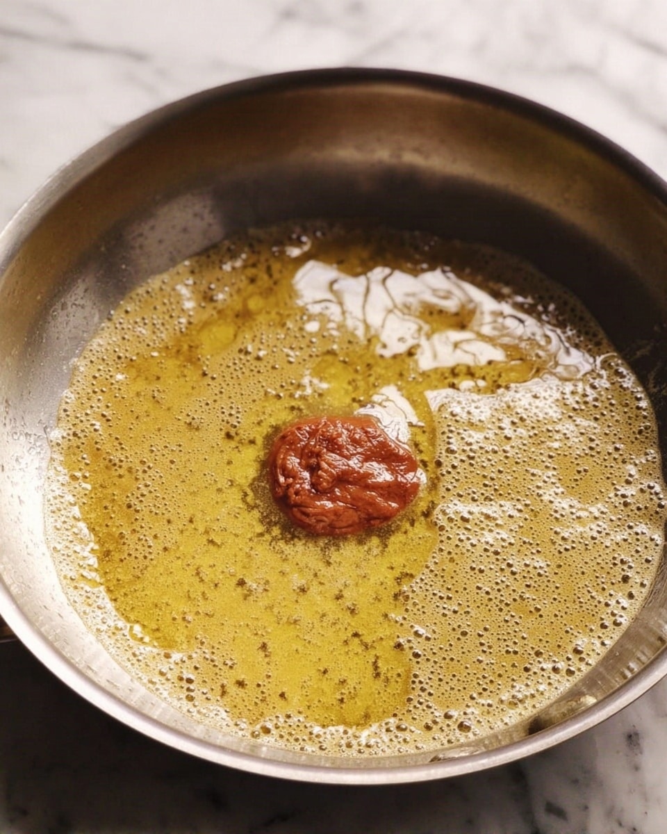 A close-up image of a shiny silver pan filled halfway with a bubbling golden-yellow liquid layer that looks like melted butter or oil, with a small dollop of thick, smooth reddish-brown paste sitting on top near the center. The background has a white marbled texture. Photo taken with an iphone --ar 4:5 --v 7
