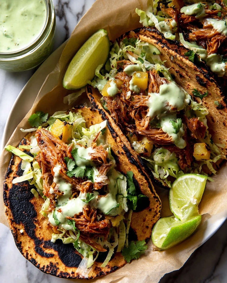 Two grilled corn tortillas with dark char marks hold layers of shredded caramel-colored meat mixed with small yellow pineapple chunks and green cilantro leaves. Beneath the meat is a bed of finely shredded green lettuce. A light green creamy sauce is drizzled over the top, adding texture and contrast. The tacos are placed on parchment paper on a white plate, accompanied by fresh lime wedges showing both cut and whole pieces. The background features a white marbled texture with a glass jar of pale green sauce visible in the top left corner. photo taken with an iphone --ar 4:5 --v 7