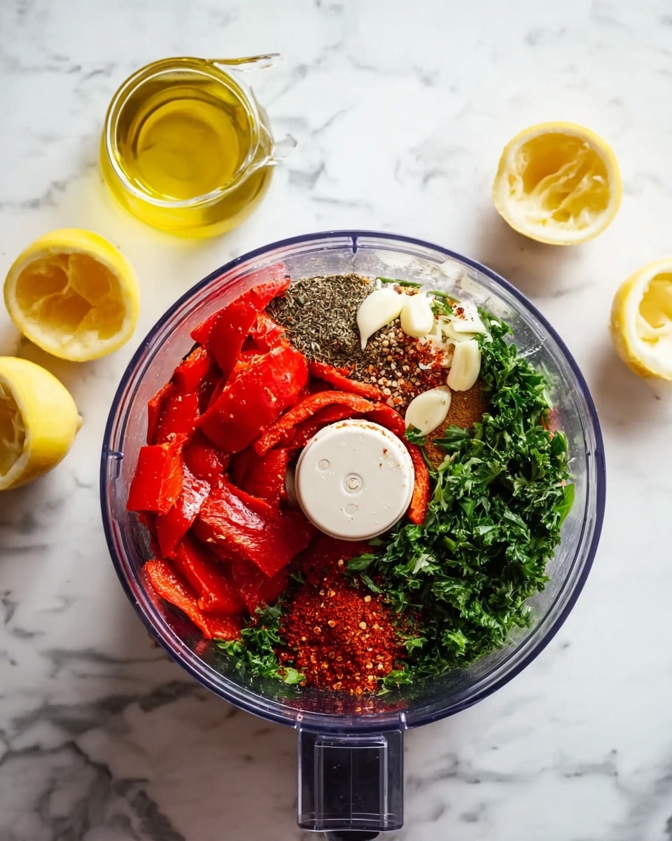 The image shows a clear food processor bowl placed on a white marbled surface. Inside the bowl, layers of ingredients are arranged: large pieces of bright red roasted peppers form the base and top left side, bright green leafy parsley covers the right side, and in between, there are white garlic cloves, sprinkled coarse salt, crushed red pepper flakes, and various ground spices of brown and black colors. To the left of the bowl, there is a small clear glass container with golden olive oil, and two halved lemons with pale yellow flesh are placed nearby. The photo is taken with an iphone --ar 4:5 --v 7