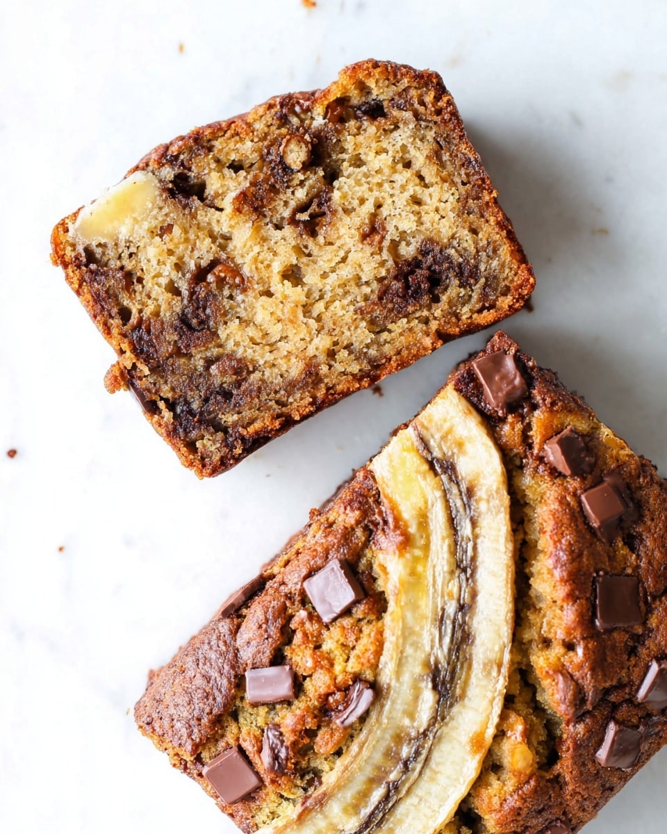 The image shows two slices of banana bread placed on a white marbled surface. The top slice is turned to show the soft, dense inside texture with small dark spots of chocolate chips and pieces of banana visible, varying shades of brown and light yellow inside. The bottom slice shows the top crust with a darker golden-brown color, decorated with banana slices and clusters of melted chocolate chunks. The bread has an uneven, rough texture with a mix of moisture and crumb. Photo taken with an iphone --ar 4:5 --v 7