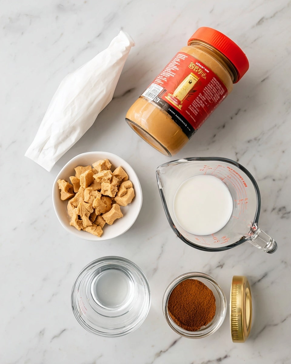 The image shows a top view of baking ingredients arranged on a white marbled surface. From left to right, there is a white piping bag filled with cream, next to a small white bowl filled with broken light brown cookie pieces. Above the bowl is a jar with a red label and orange lid containing smooth, light brown spread. To the right of the jar, there is a clear glass measuring cup filled with white liquid, and below it, another smaller clear measuring cup with water. Finally, at the bottom right corner, a glass jar with a gold lid contains a brown powder, likely cinnamon. The items are neatly spaced and clearly visible. photo taken with an iphone --ar 4:5 --v 7