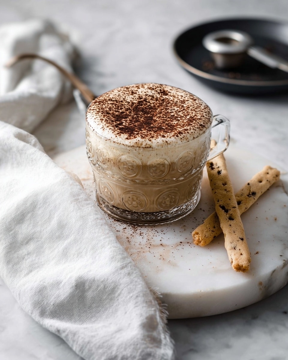 A clear glass cup with embossed round patterns holds a layered coffee drink on a white cloth, which lies on a round white marble board. The drink has a frothy creamy layer on top, dusted with fine dark cocoa powder, and the froth spills slightly over the edge, showing a foamy texture. On the right side of the marble board are three light brown wafer sticks with dark spots, some broken. In the background, a black round dish with a silver tea infuser is slightly blurred. The whole setup is on a white marbled surface. photo taken with an iphone --ar 4:5 --v 7