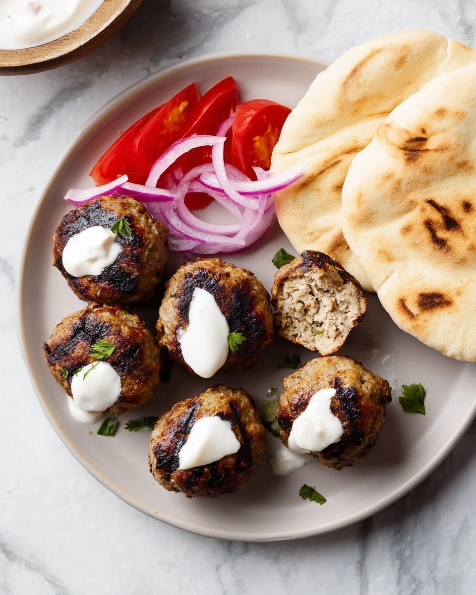 A white plate shows six brown grilled meatballs with a slightly charred outside arranged in a rough circle at the bottom half. Four of the meatballs have dollops of smooth white sauce on top. One meatball is cut in half, revealing a light beige inside with small green and brown bits. To the right, a soft, round pita bread with a light golden-brown surface leans against the plate edge. On the top left of the plate, several slices of red tomato wedges rest mixed with thin, curved purple onion slices. The plate is set on a white marbled surface. Photo taken with an iphone --ar 4:5 --v 7