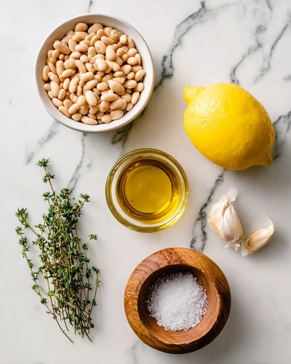 A top-down view shows five main items arranged on a white marbled surface: at the top left is a round white bowl full of light beige beans; to the right of the bowl is a whole bright yellow lemon; below the lemon is a small clear glass bowl of golden olive oil; below the olive oil is a small round wooden container with a matching lid, filled with coarse white salt; to the left of the wooden container is a small single clove of garlic, and above it a small bunch of fresh green thyme sprigs. Photo taken with an iphone --ar 4:5 --v 7