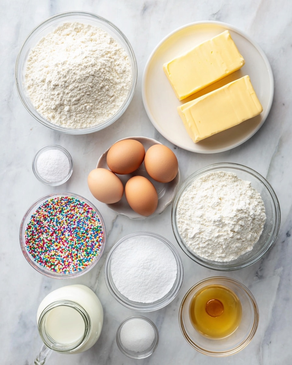 The image shows a neat arrangement of baking ingredients on a white marbled surface. At the top left, there is a clear glass bowl filled with white flour, next to it on the right is a white plate holding two thick blocks of yellow butter. Below the flour are four brown eggs grouped closely together. To the right of the eggs is a small clear bowl containing white baking powder, and a large clear bowl filled with white granulated sugar. Below the sugar bowl is another clear bowl filled with white powdered sugar. Near the eggs at the bottom left is a small bowl full of colorful rainbow sprinkles. Between the sprinkles and powdered sugar is a small glass jar with white milk inside, and in front of it, a small bowl holding golden vanilla extract. All items are spaced evenly, showing different textures and shades of white, yellow, and brown with a touch of bright sprinkles. Photo taken with an iphone --ar 4:5 --v 7