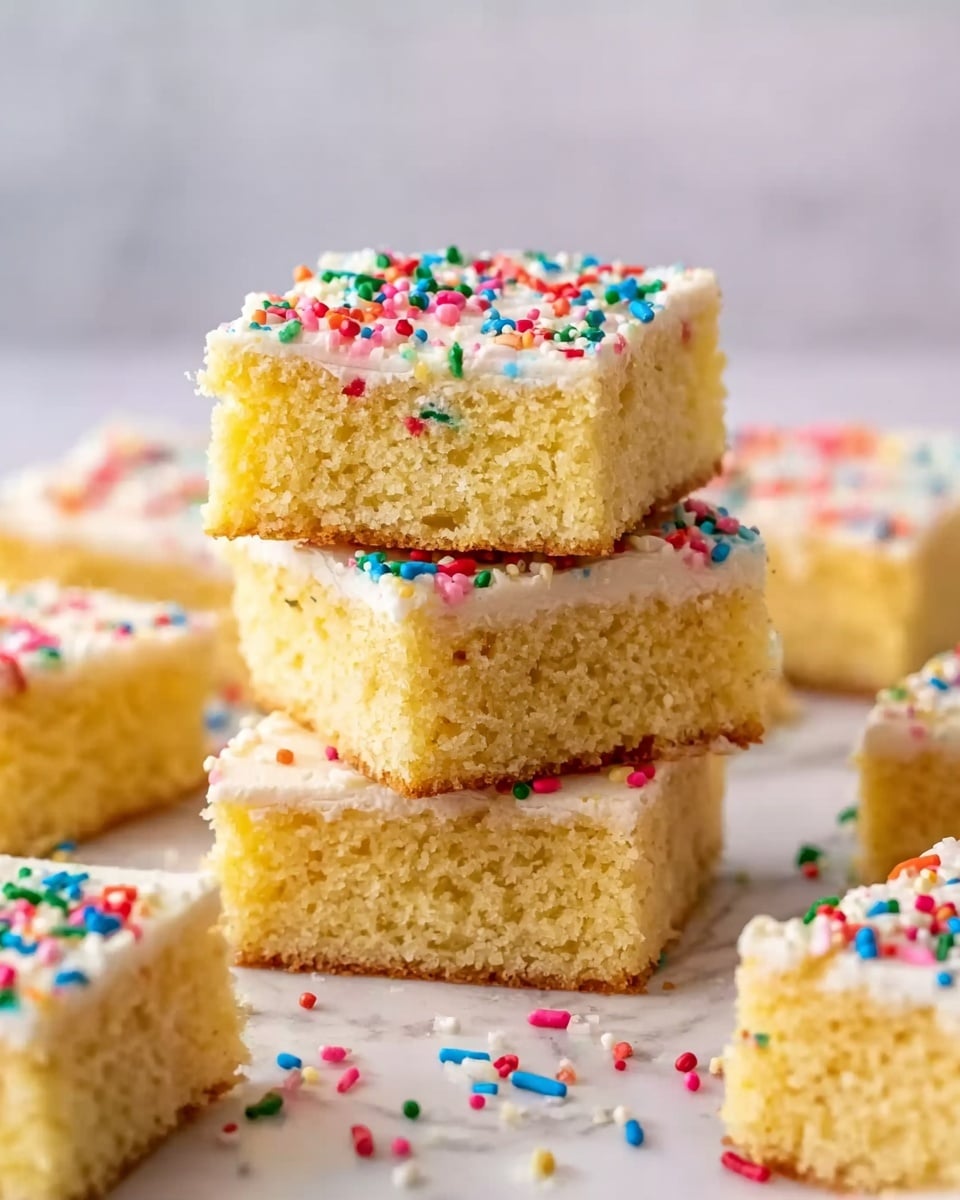 The image shows a stack of three yellow cake squares with smooth white frosting on top, decorated with colorful sprinkles in red, blue, green, and pink. The cake layers look soft and fluffy, with a light crumb texture. Around the stack, more pieces of the same cake are scattered on a white marbled surface, creating a bright and cheerful scene. The colors of the sprinkles add a festive touch to the simple cake squares. photo taken with an iphone --ar 4:5 --v 7