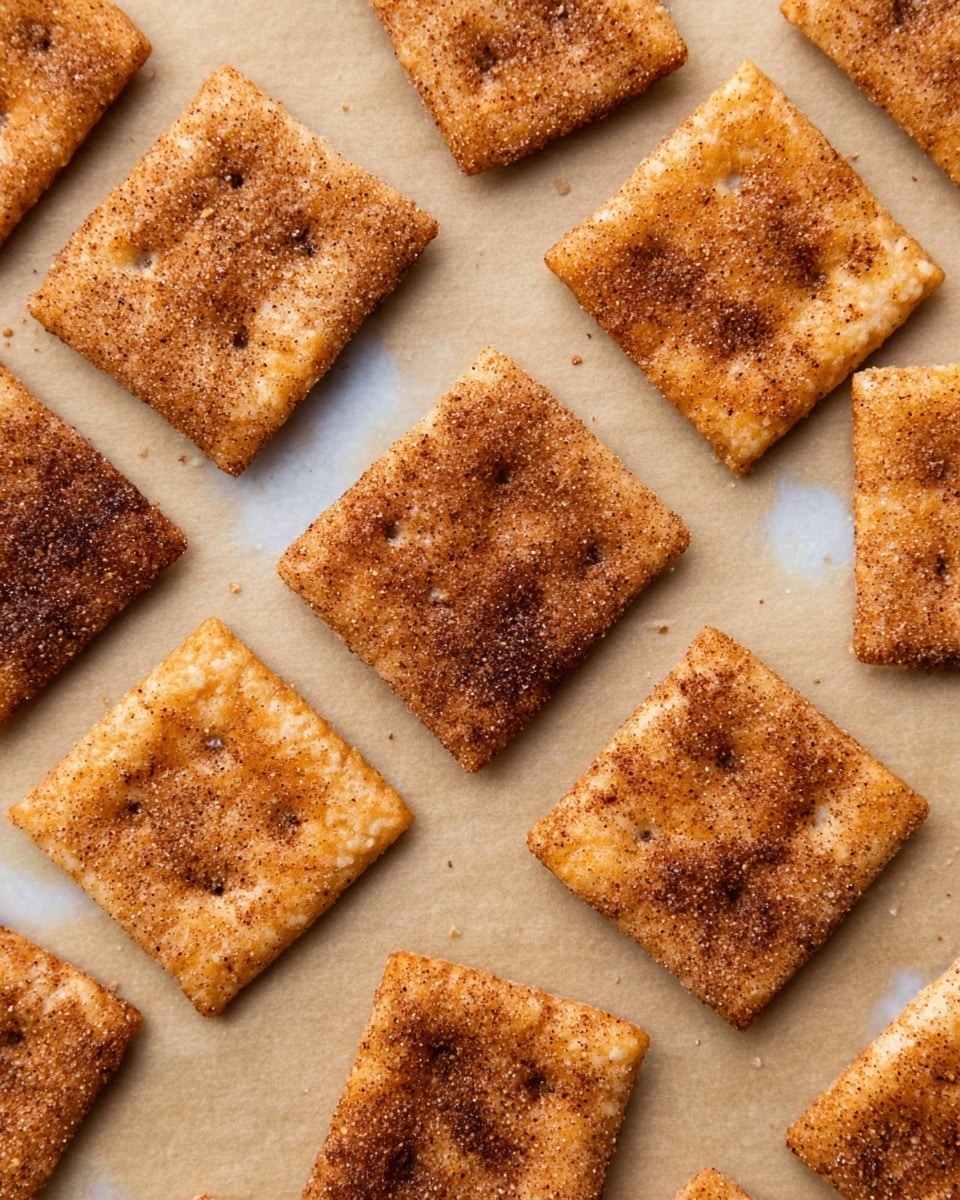 The image shows several small, square crackers arranged in rows on a flat surface covered with light brown parchment paper. Each cracker is topped with a sprinkling of cinnamon and sugar, giving them a speckled reddish-brown texture across their crispy golden-tan surfaces. The squares vary slightly in size and browning, with some areas darker and more caramelized, indicating a crunchy texture. The background is a clean white marbled texture, visible around the edges of the parchment paper, adding brightness to the scene. photo taken with an iphone --ar 4:5 --v 7