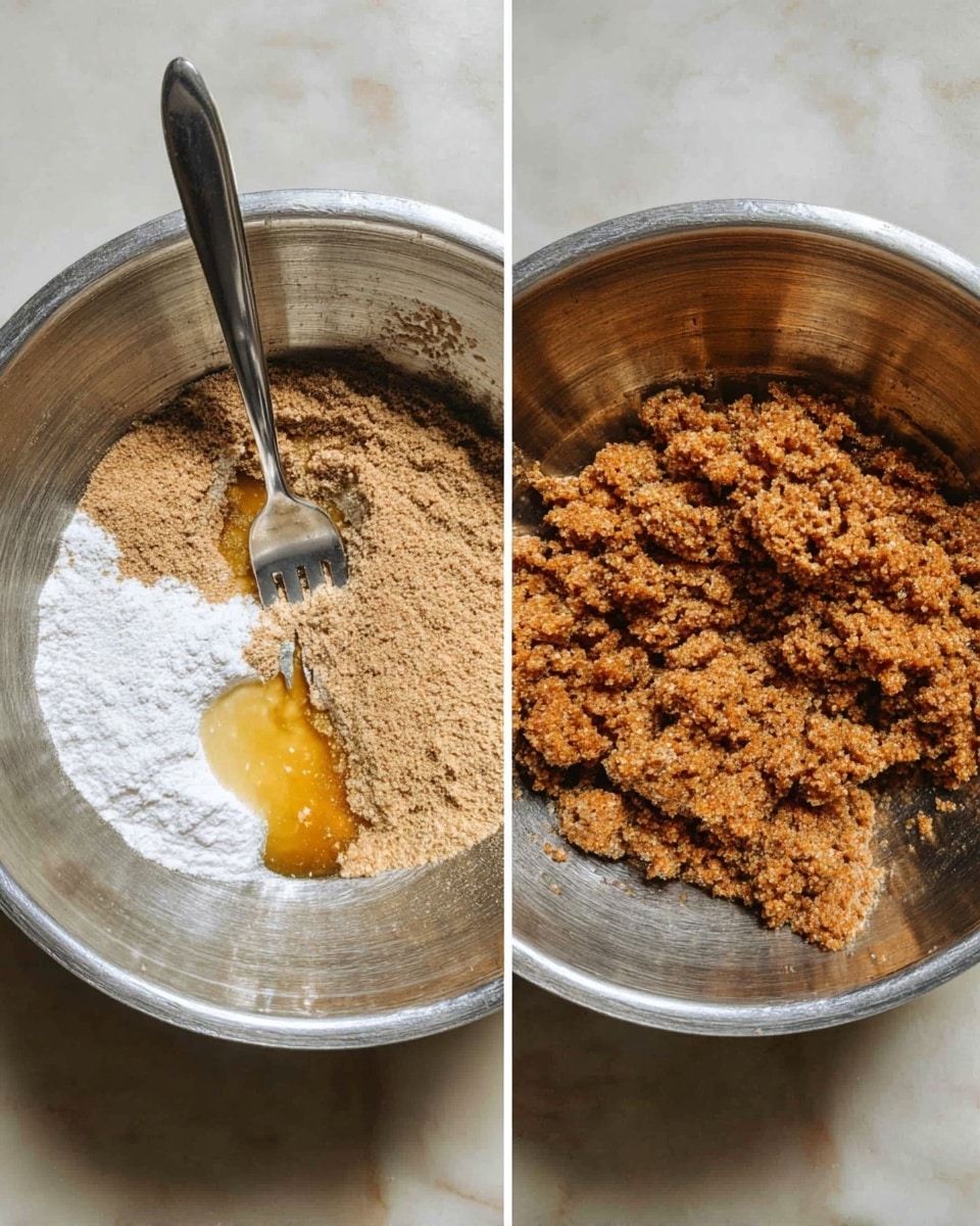The image shows two side-by-side metal bowls placed on a white marbled surface. The bowl on the left contains three clear layers: a white powdery layer on one side, a light brown powdery layer on the other side, and a small pool of shiny, golden liquid in the center. A silver fork rests inside this bowl, partially touching the ingredients. The bowl on the right shows the contents after mixing, forming a crumbly, dense brown mixture with small clumps evenly spread throughout the bowl. The same silver fork is placed inside, positioned over the side of the bowl. photo taken with an iphone --ar 4:5 --v 7