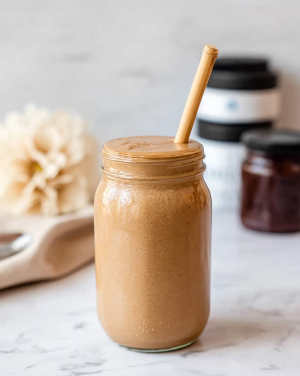 A tall glass jar filled with a thick, smooth, light brown smoothie sits on a white marbled surface. A bamboo straw is placed vertically in the center of the smoothie, with the jar full to the brim, showing a creamy texture on top. In the background, slightly blurred, there are some jars with black and white lids and a light beige flower on the left side. The overall setting is clean and bright with soft natural light. photo taken with an iphone --ar 4:5 --v 7