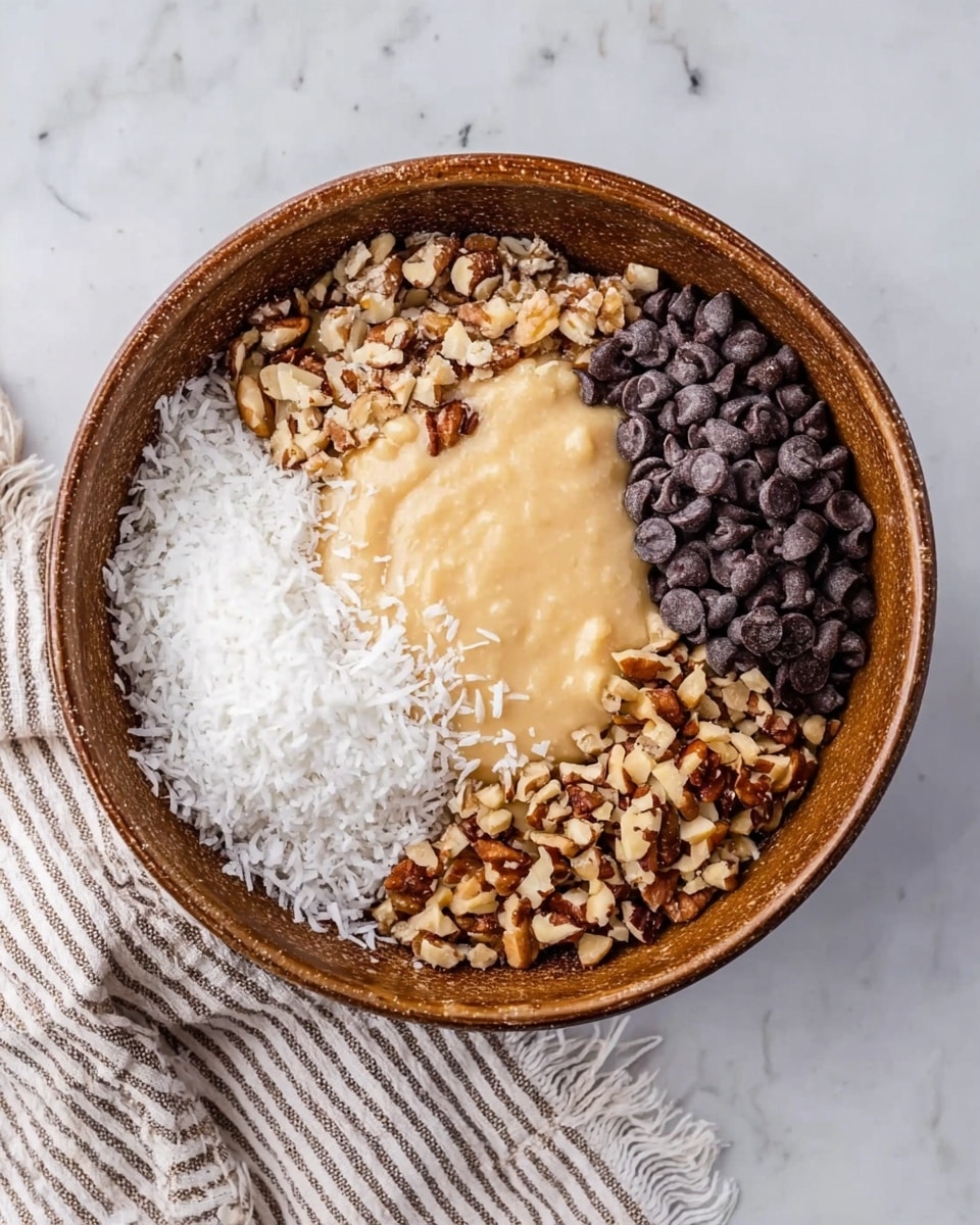 A close-up view of a brown bowl on a white marbled surface, filled with four separate groups of ingredients: shredded white coconut on the left, dark brown chocolate chips on the top right, chopped light brown nuts at the bottom left, and chopped darker brown nuts at the bottom right. In the center, a thick, smooth, pale yellow creamy mixture covers part of the nuts and coconut. Next to the bowl lies a white cloth with thin brown stripes. photo taken with an iphone --ar 4:5 --v 7