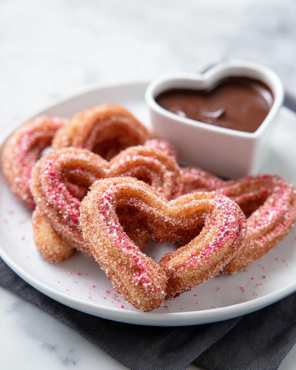 The image shows a white plate with six heart-shaped churros coated in sugar and pink sprinkles, arranged in a slightly overlapping manner. The churros have a golden brown color with a crunchy texture from the sugar coating. Behind the churros, there is a small white heart-shaped bowl filled with smooth, dark brown chocolate sauce. The plate sits on a dark cloth on top of a white marbled surface, giving a clean and bright look. The photo is taken with an iphone --ar 4:5 --v 7