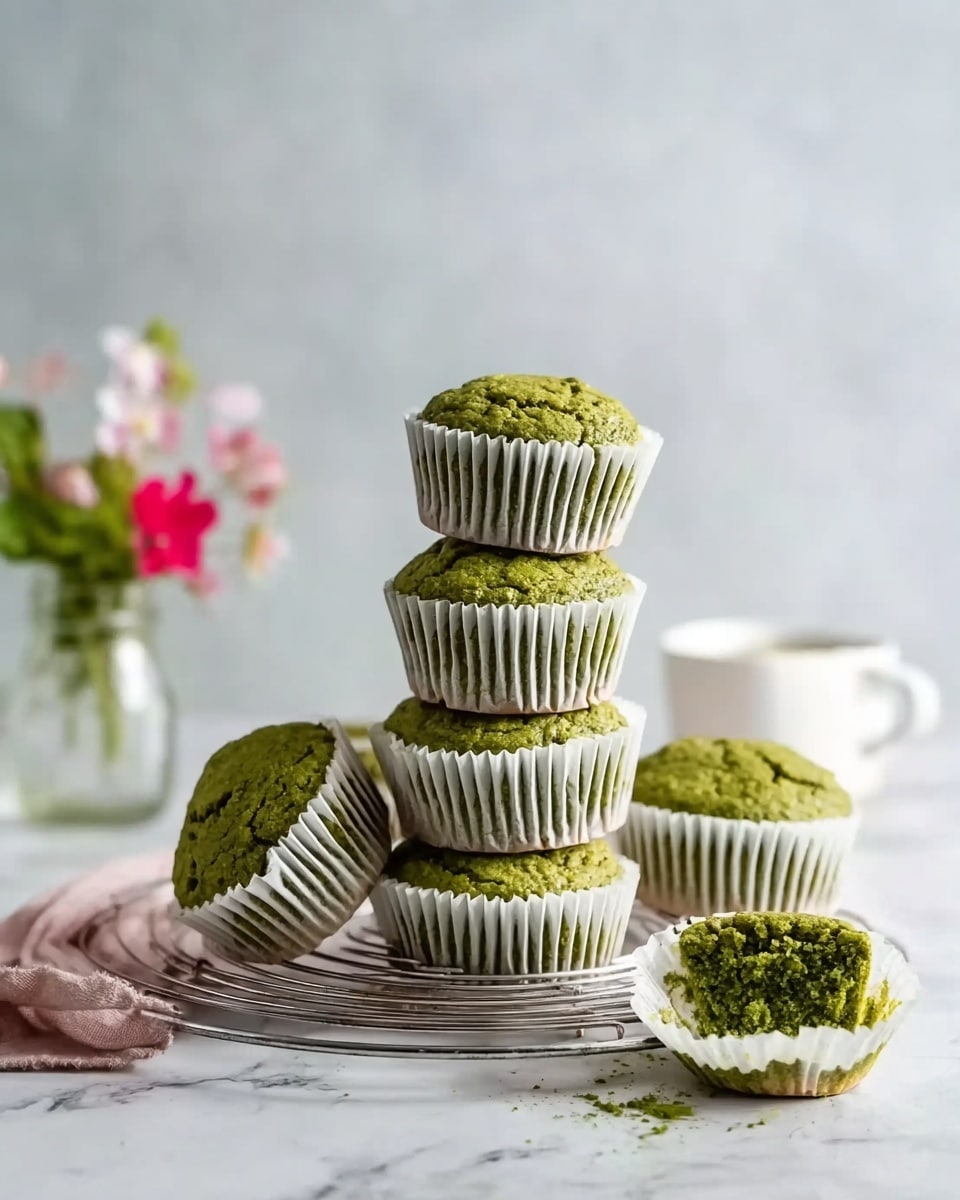 The image shows a group of six green muffins with a textured, cracked top, each wrapped in white paper liners. Three muffins are stacked one on top of the other in the center, two muffins lie on their sides in front of the stack, and one muffin stands upright behind the stack. These muffins rest on a round wire rack placed on a white marbled surface. In the background, there is a small clear glass vase with pink and green flowers and a white cup. The setting is bright and soft, with a light grayish-white background. Photo taken with an iphone --ar 4:5 --v 7