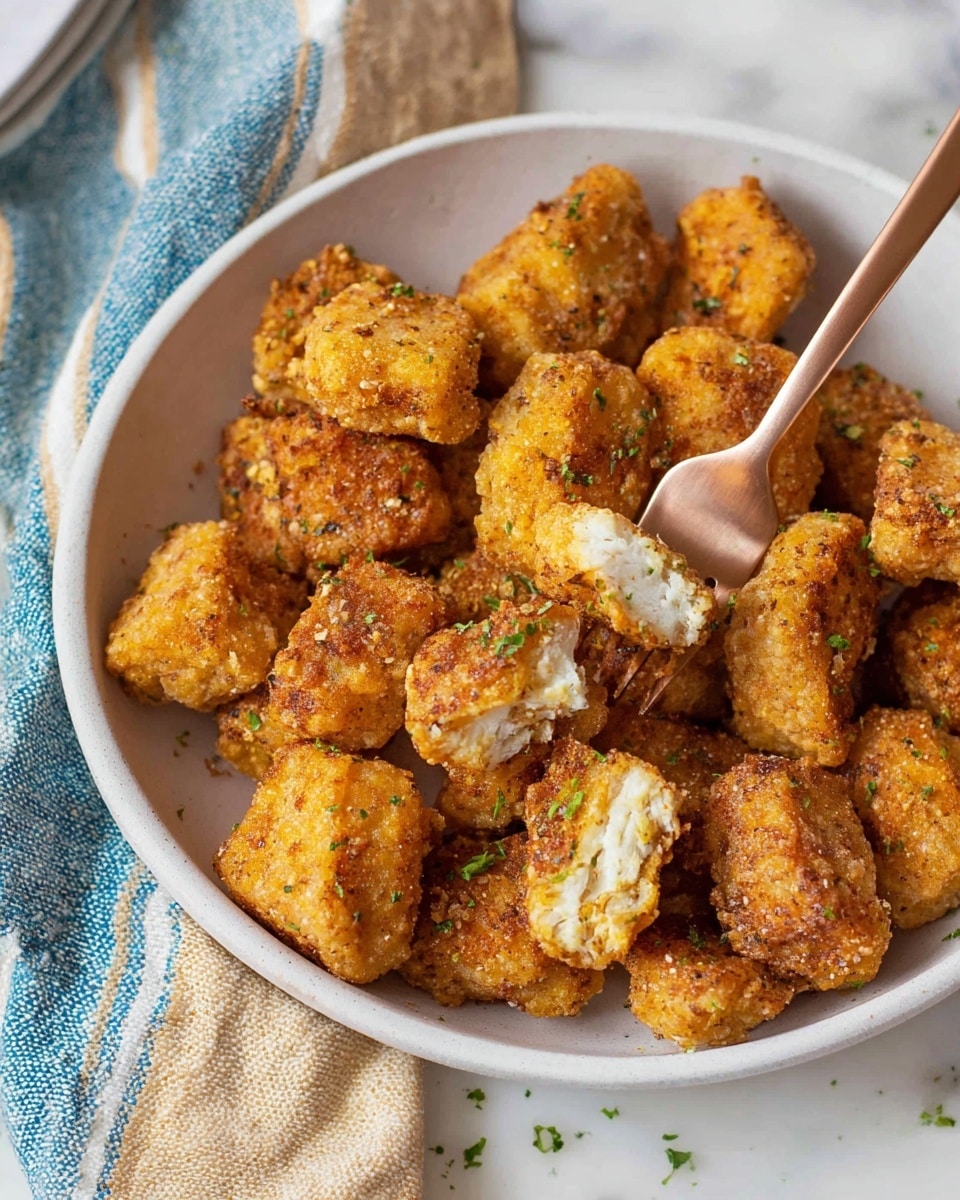 The image shows a white bowl filled with many golden-brown, crispy fried nuggets that have a rough, crunchy texture with small green herbs on top. One nugget is held on a rose gold fork, showing a white, soft inside, slightly flaky with a crunchy outside. The bowl is placed on a white marbled surface with a blue and beige striped cloth nearby. The colors show warm tones of golden browns contrasted with the clean, white bowl and surface. photo taken with an iphone --ar 4:5 --v 7