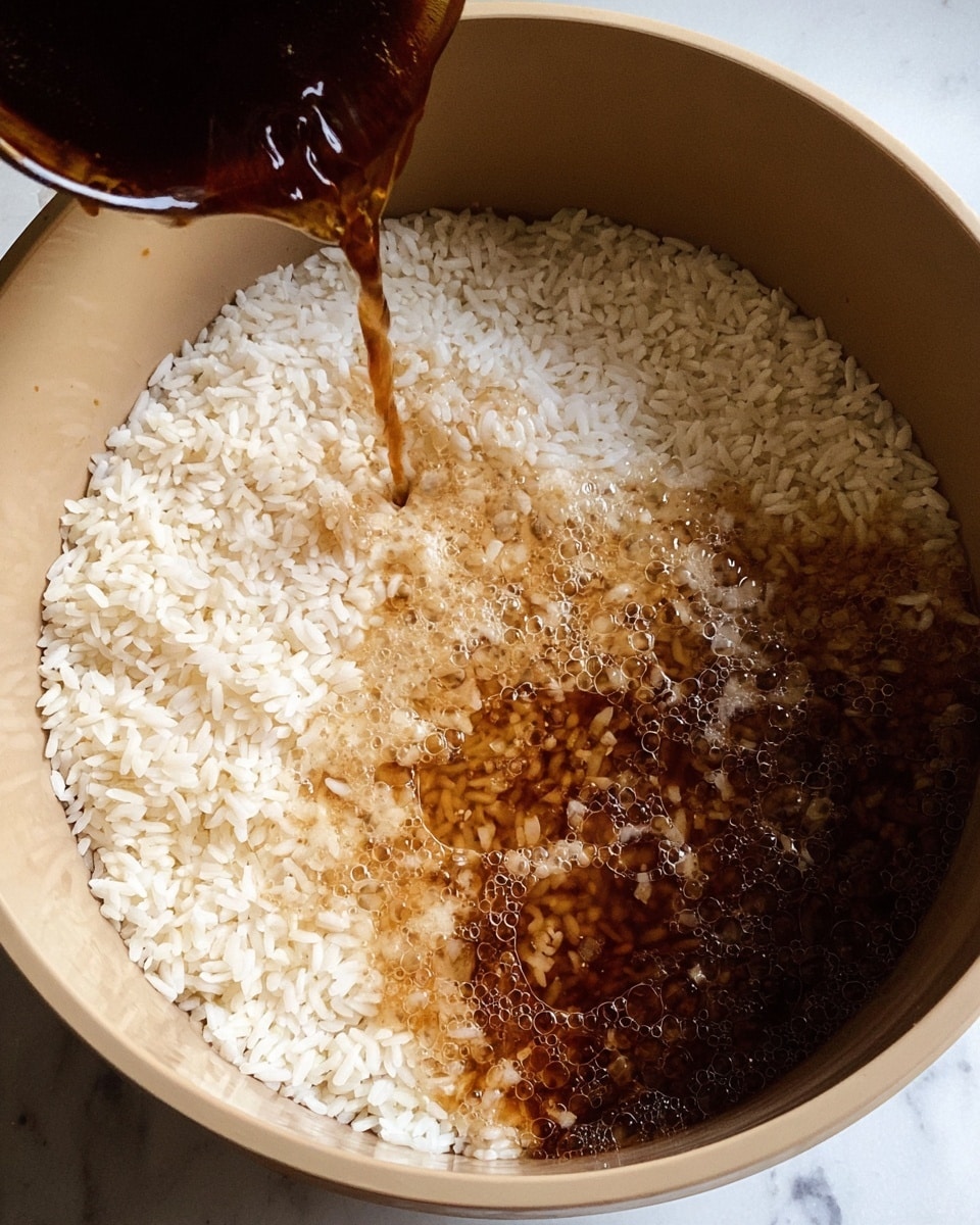 A close-up image shows a pot filled with uncooked white rice covering about half of the space, with a dark brown liquid being poured over it, creating bubbles where it lands. The rice grains look slightly wet but mostly dry, with the brown liquid spreading over the right half, mixing with the rice. The pot is simple and beige inside, and the scene is lit naturally, highlighting the texture of the rice and liquid. The background surface is a white marbled texture photo taken with an iphone --ar 4:5 --v 7