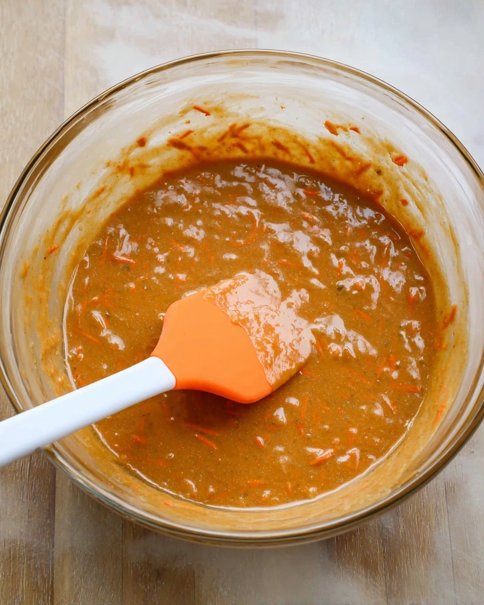 A clear glass bowl sits on a white marbled surface, filled with a smooth orange-brown batter mixed with thin orange grated pieces, likely shredded carrots. The batter has a moist, slightly bubbly texture. An orange spatula with a white handle rests inside the bowl, partially covered in the thick batter, showing a shiny, sticky consistency. Photo taken with an iphone --ar 4:5 --v 7