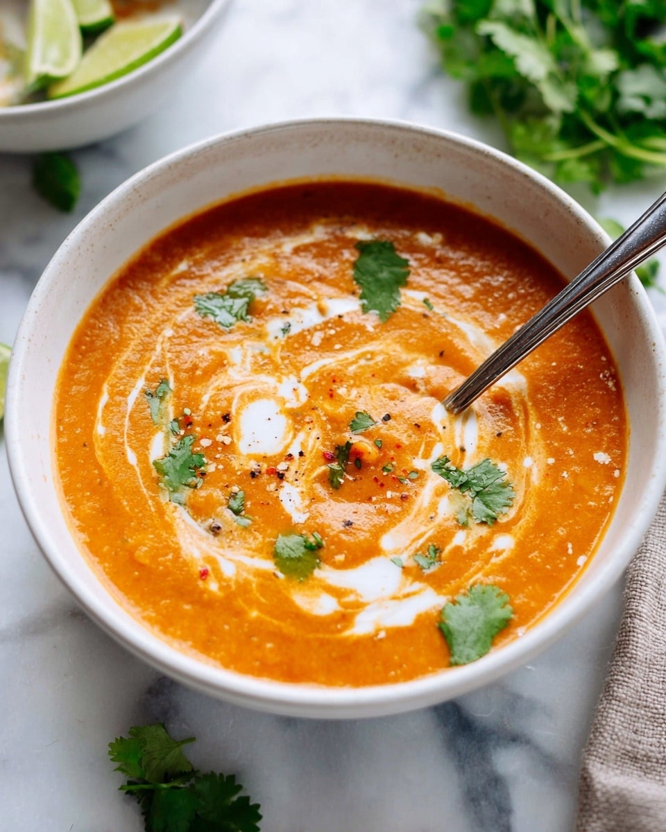 The image shows a white bowl filled with thick orange soup containing small chunks of vegetables throughout. There is a swirl of cream on the surface creating a marbled effect with smooth creamy white lines blending into the orange base. A few green cilantro leaves are scattered on top for a fresh touch. A silver spoon rests inside the bowl, dipped into the soup with some vegetables on it. The bowl sits on a white marbled surface, with some fresh cilantro and a lime quarter in the background, partially visible. Photo taken with an iphone --ar 4:5 --v 7
