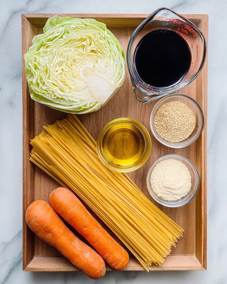 The image shows a wooden tray placed on a white marbled surface with several cooking ingredients arranged neatly. In the tray, there is a bundle of uncooked yellow spaghetti laid diagonally at the center. Above the pasta, there is a half head of green cabbage with light green and white layers, positioned on the top left side. To the right of the cabbage is a glass measuring cup filled with dark soy sauce. Below the soy sauce, there is a small glass bowl with golden oil. At the bottom left part of the tray lie two whole orange carrots side by side. Near the carrots is a small clear bowl with beige flour and another small glass bowl with light brown sugar at the bottom middle. Finally, a small round bowl containing white sesame seeds sits near the oil, to the right of the pasta. photo taken with an iphone --ar 4:5 --v 7