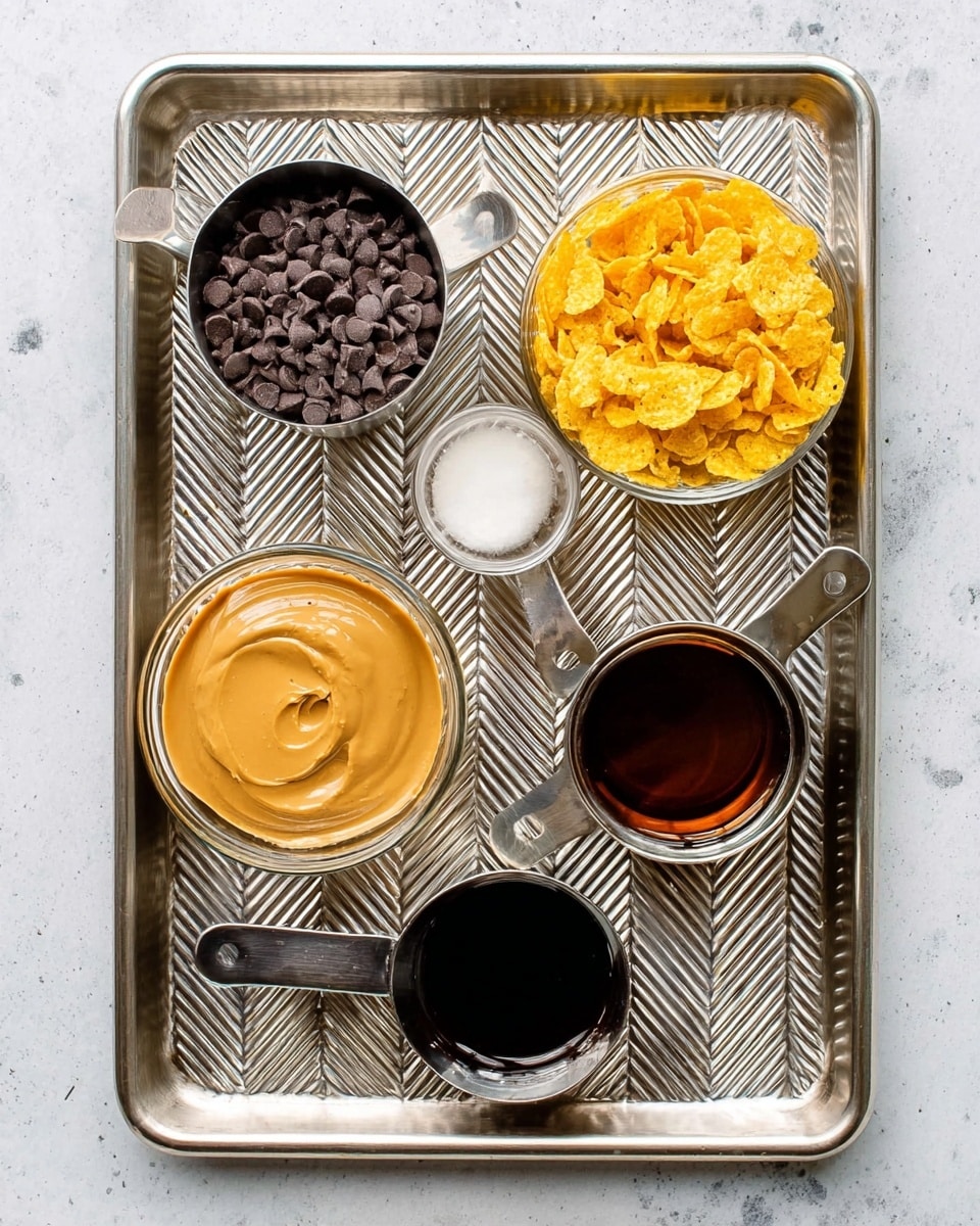A metal tray with a chevron pattern holds six containers of ingredients arranged neatly. On the bottom left, there is a clear round bowl filled with smooth, light brown peanut butter. To the top left, a metal measuring cup is filled with dark chocolate chips. Next to it, a small clear glass bowl contains a white solid, likely coconut oil. In the center, a small metal teaspoon holds a dark brown liquid, and on the right side, a larger metal measuring cup is filled with bright yellow cornflakes. Below the cornflakes, another metal measuring cup contains more of the dark brown liquid, possibly molasses or syrup. The tray sits on a white marbled surface. Photo taken with an iphone --ar 4:5 --v 7