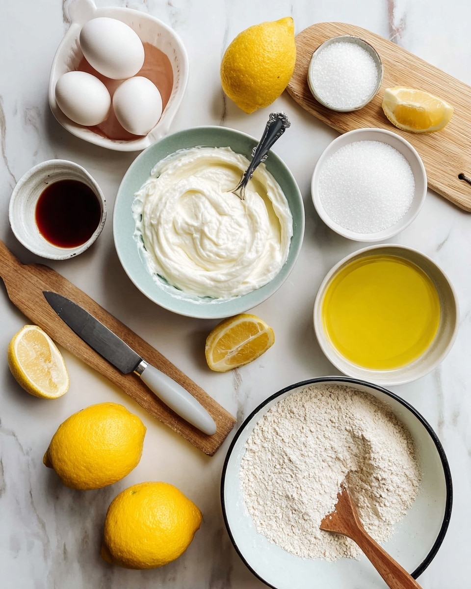 The image shows a top view of baking ingredients arranged on a white marbled surface. There are two whole eggs stacked on the left and a small white bowl with a dark liquid beside them. A larger white bowl in the center holds whipped white cream with a silver spoon inside. Nearby, there is a smaller white bowl filled with white sugar. A wooden cutting board with two yellow lemons halved and a gray-handled knife rests on the lower left side. One whole lemon is placed below the board and two more whole lemons are scattered around. On the right, a white bowl with a black rim contains a mix of white flour and light beige almond flour with a small wooden spoon resting on top. Next to it is a clear glass bowl filled with golden olive oil. The whole scene is bright and clean. Photo taken with an iphone --ar 4:5 --v 7