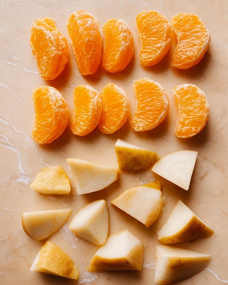 The image shows two layers of fruit pieces arranged on a light beige surface. The top layer has a row of bright orange segments neatly aligned horizontally, with their textured, slightly shiny surfaces visible. The bottom layer features irregularly shaped chunks of pear with light cream flesh and light brown skin, scattered loosely below the orange segments. The background has a white marbled texture. photo taken with an iphone --ar 4:5 --v 7
