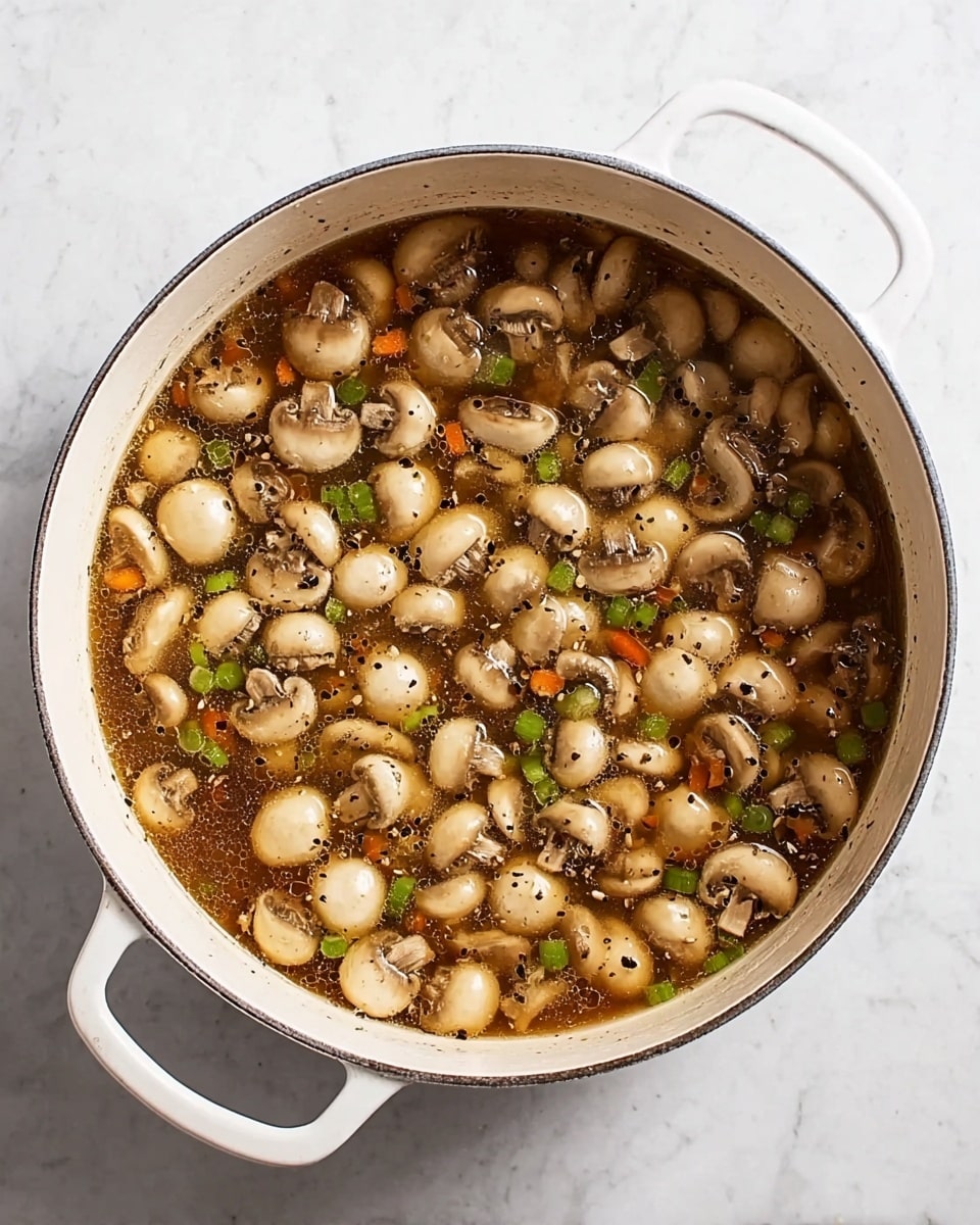 A large white pot filled with a clear brown broth containing many whole and sliced small brown mushrooms floating evenly on the surface with a few small green and orange vegetable pieces scattered throughout. The pot is placed on a white marbled surface, and the broth looks lightly seasoned with small black specks visible. The image is taken from above, showing the round shape and white handles of the pot clearly. photo taken with an iphone --ar 4:5 --v 7