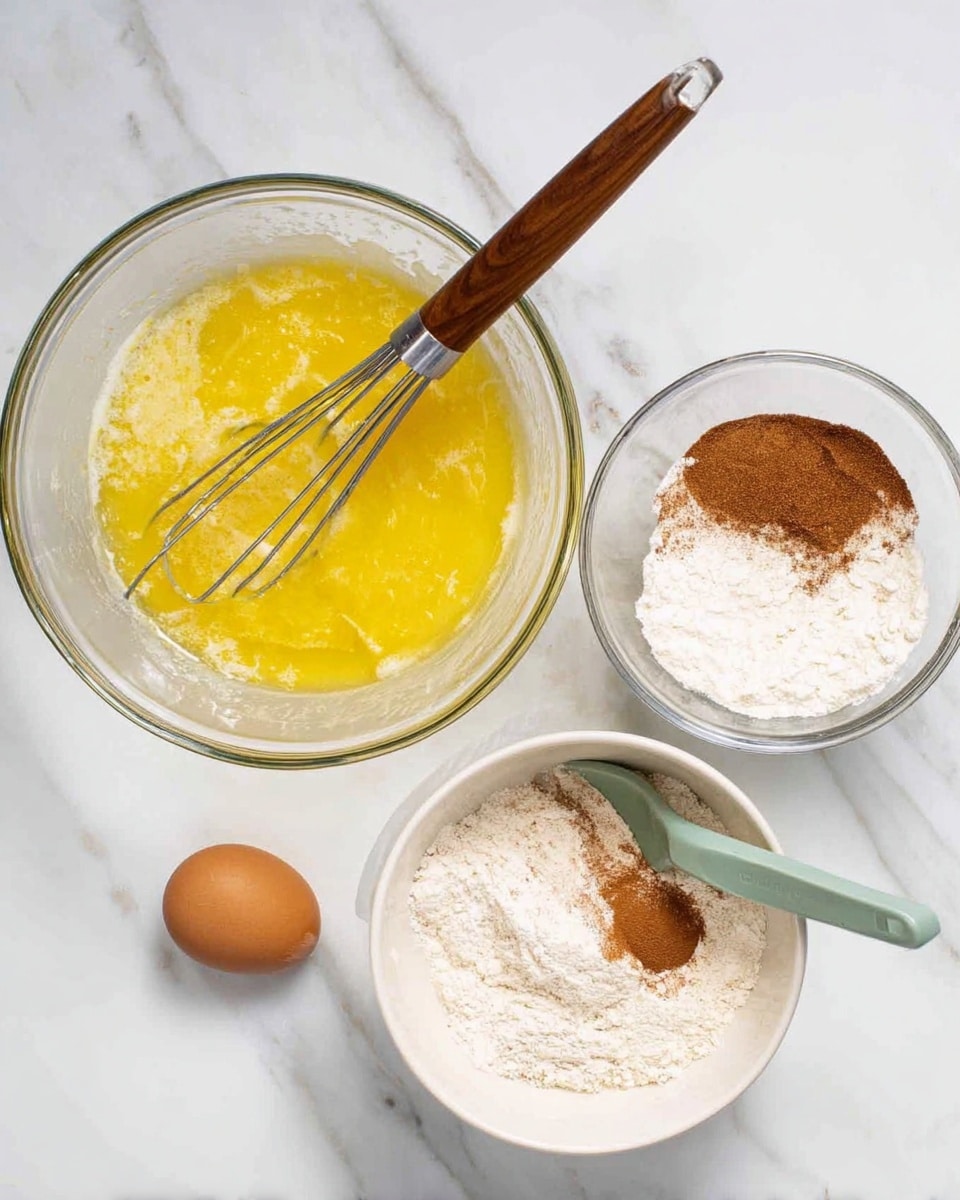 There are three bowls on a white marbled surface. The largest bowl is clear glass and holds a yellow melted butter mixture with a metal whisk that has a medium brown wooden handle placed inside. To its top right, a smaller clear glass bowl contains a white flour mix with a small amount of brown cinnamon powder on one side. Below that, a white bowl holds several layers of powdered ingredients in white and light brown hues with a greenish spatula resting on the edge. An egg lies next to the smaller bowls on the marbled surface. Photo taken with an iphone --ar 4:5 --v 7
