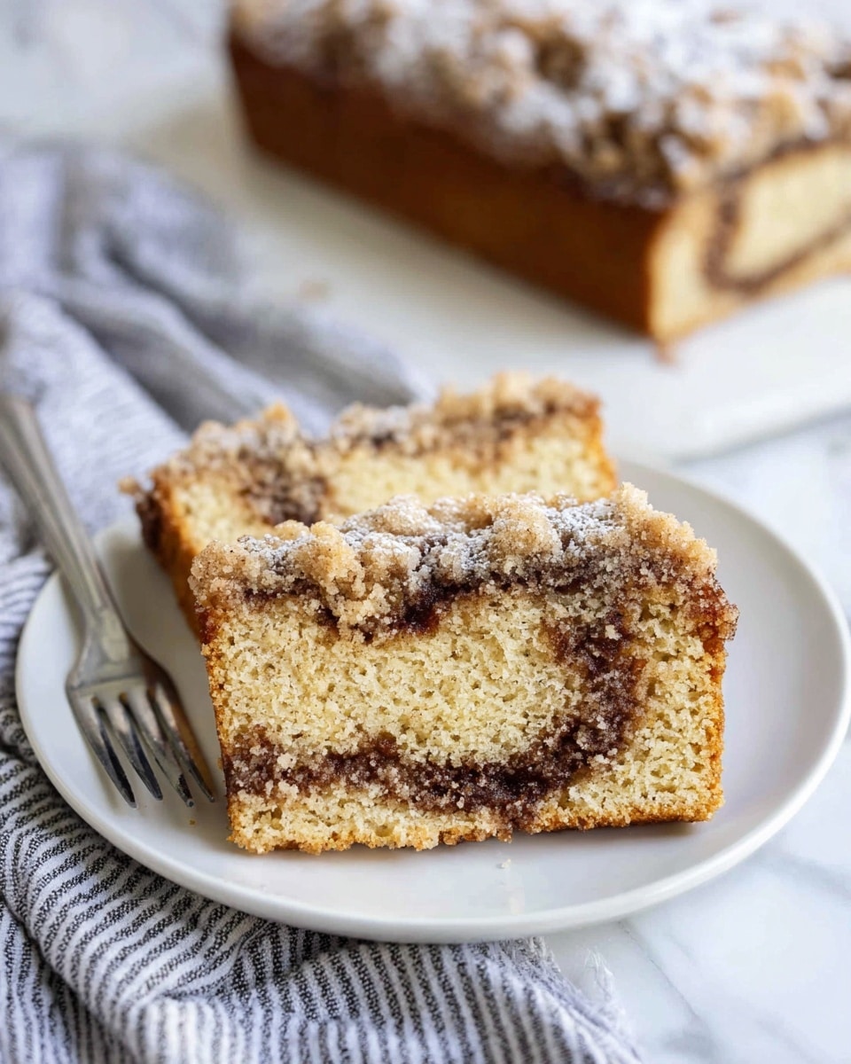The image shows two slices of crumb cake placed on a white plate. Each slice has two layers: a light brown soft cake layer at the bottom and a crumbly, slightly darker brown topping with a swirl of dark cinnamon filling in the middle, giving texture and color contrast. Behind the plate, a part of the full crumb cake loaf, dusted with powdered sugar, is visible on a white marbled surface. To the left side of the plate, a silver fork rests on a gray and white striped cloth. The photo taken with an iphone --ar 4:5 --v 7