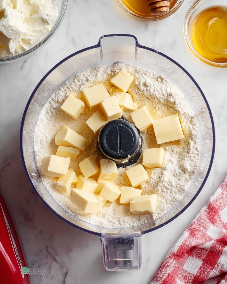 A clear food processor bowl sits on a white marbled surface, filled with two main layers: a bottom layer of white flour dusted inside and on the blade, and a top layer of many small cubes of pale yellow butter scattered evenly around the blade. To the upper left outside the bowl is a glass bowl with white cream cheese, and to the upper right, a small glass bowl with golden honey. A red and white checkered cloth peeks into the bottom right corner. Photo taken with an iphone --ar 4:5 --v 7