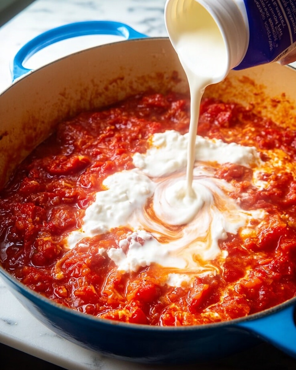 A close-up view of a blue pot filled with chunky red tomato sauce with visible pieces of tomato and onion, with cream being poured from a carton into the center, creating a swirling mix of white and red colors on top of the sauce. The sauce surface has a thick, textured look, and the pot sits on a white marbled surface. Photo taken with an iphone --ar 4:5 --v 7