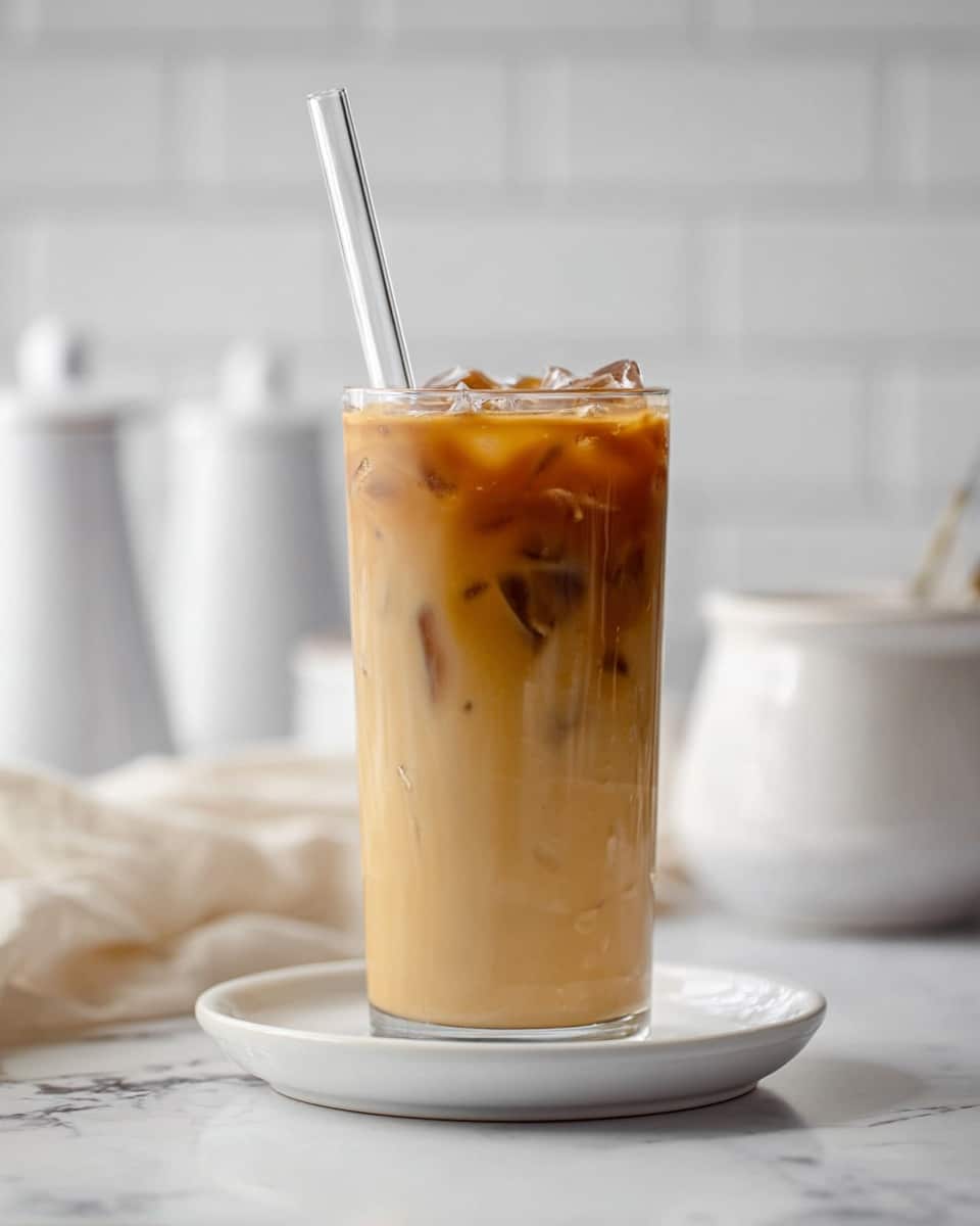 A tall clear glass filled with three layers: the bottom layer is light tan coffee with visible ice cubes frozen inside, the middle layer is a creamy light brown liquid, and the top layer shows more ice cubes partially submerged, adding a cold texture. A clear glass straw stands upright inside the glass. The glass sits on a white plate on a white marbled surface with soft linens nearby. In the blurry background, there are white kitchen items. photo taken with an iphone --ar 4:5 --v 7
