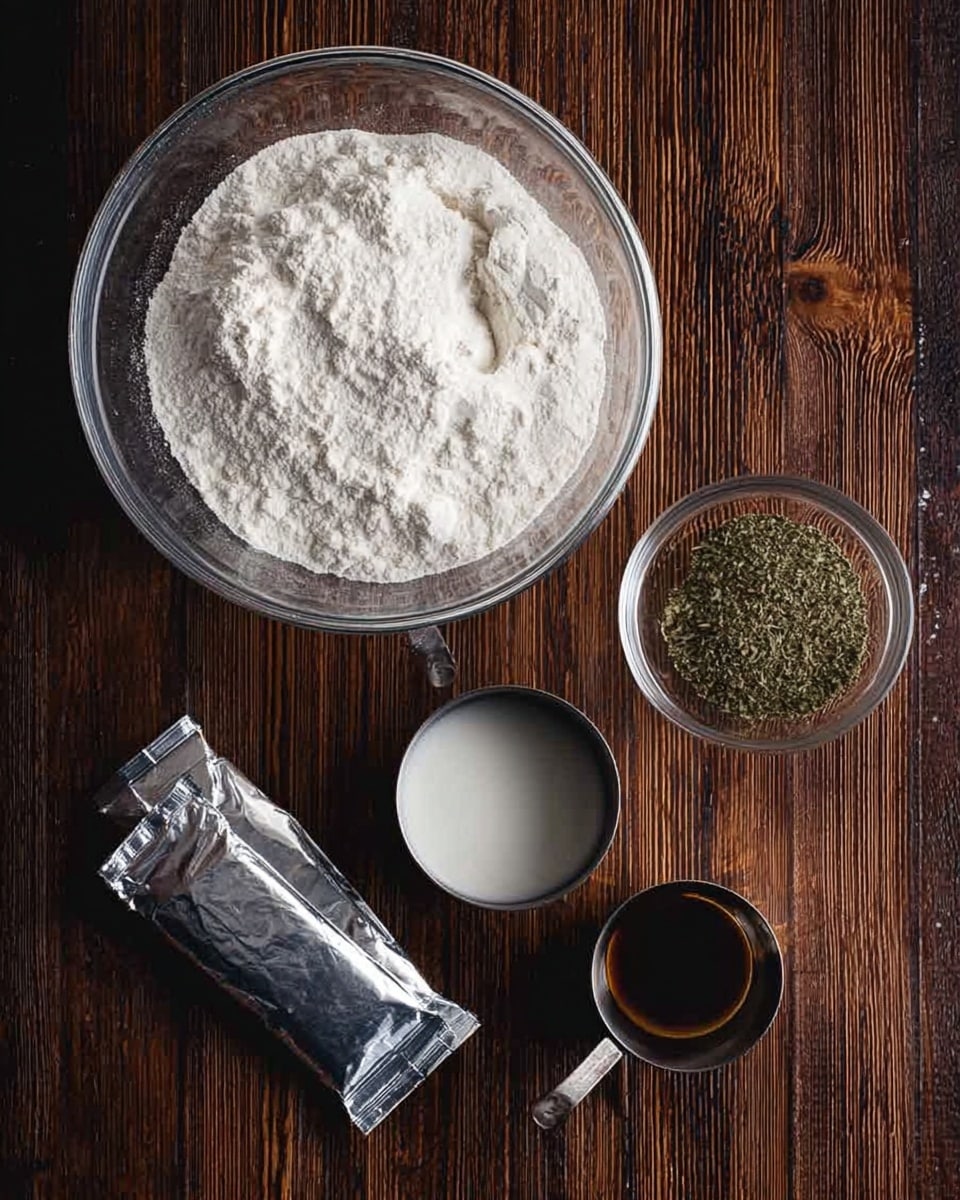 Top view of cooking ingredients placed on a dark wooden surface. A large clear glass bowl in the upper left filled with white flour with some dents and uneven surfaces. To the right of the bowl, a small clear glass bowl holds finely ground green herbs. Below the large bowl, two small metal measuring cups, one with a white liquid and the other with a dark brown liquid, sit side by side. In the lower left corner, two wrapped silver packets rest on the table. The whole arrangement is on a white marbled texture background. photo taken with an iphone --ar 4:5 --v 7
