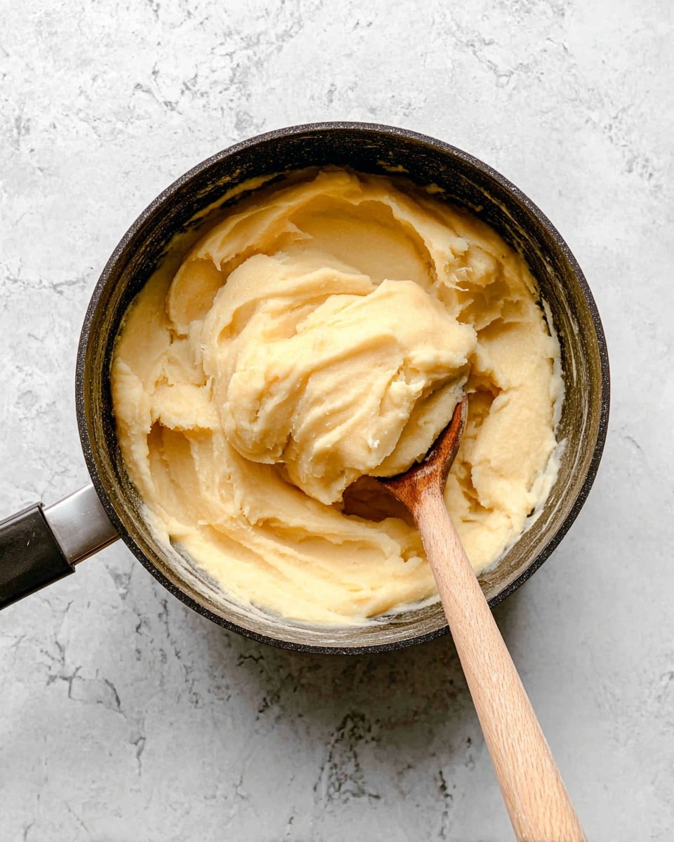 The image shows a black saucepan filled with smooth, creamy mashed potatoes that have a pale yellow color. A wooden spoon with a light brown handle is partially buried in the mashed potatoes, showing soft and fluffy texture. The saucepan sits on a surface with a white marbled texture visible around it. Photo taken with an iphone --ar 4:5 --v 7