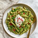 Easy Tofu Pasta (Scissor Cut) with Pesto, Peas, and Vegan Burrata Recipe