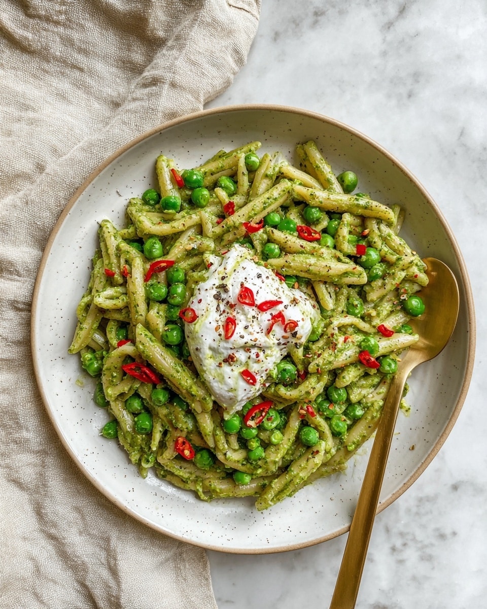 Easy Tofu Pasta (Scissor Cut) with Pesto, Peas, and Vegan Burrata Recipe