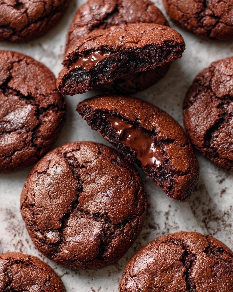 The image shows several round chocolate cookies with rough, cracked tops in a dark brown color, placed close together on a light, white marbled texture. One cookie is broken open and held above the others, revealing a moist, soft inside with melted chocolate visible in the center, showing a darker, richer shade of brown with a smooth texture. The cookies have a slightly shiny surface, indicating warmth and freshness. Photo taken with an iphone --ar 4:5 --v 7