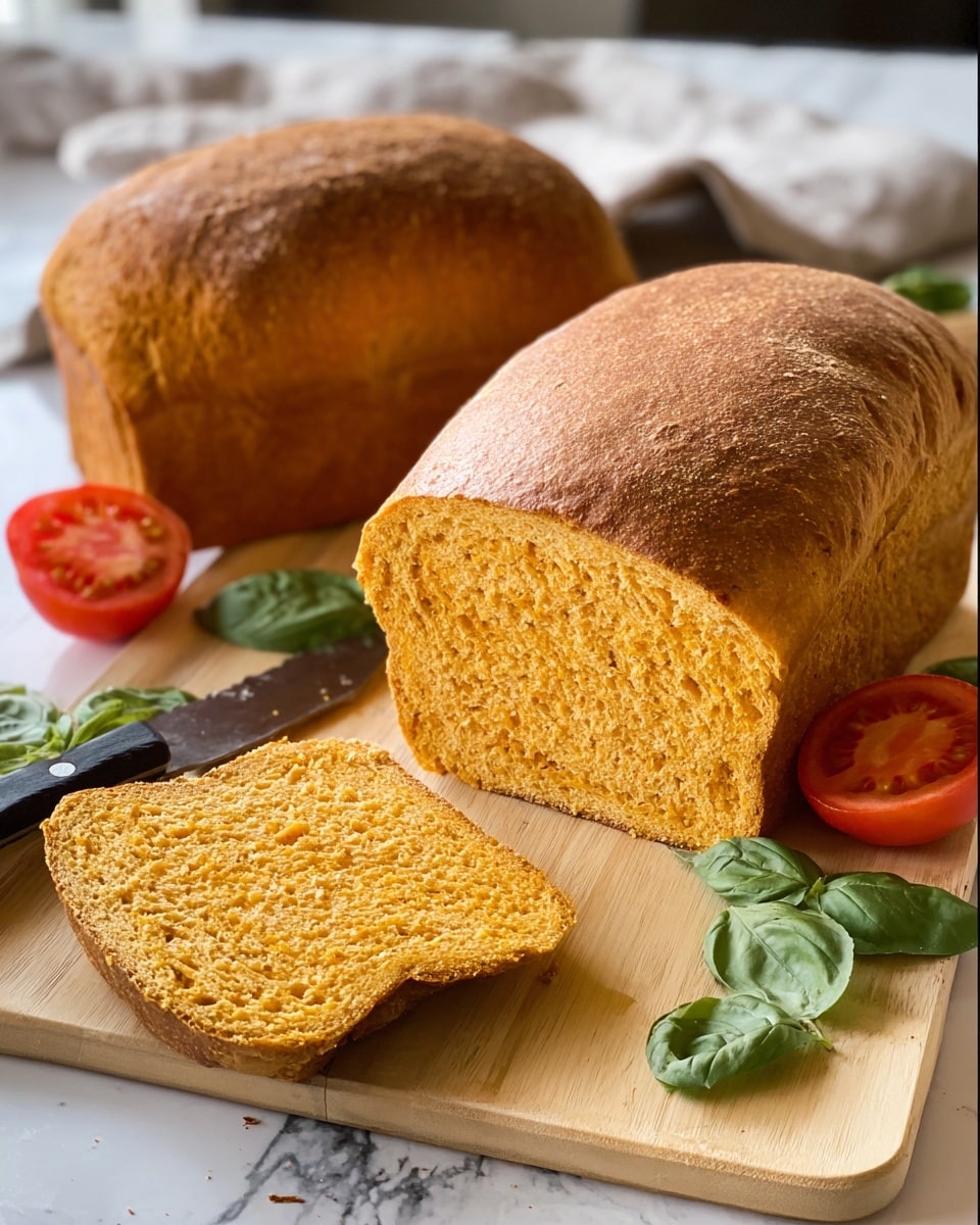 Two loaves of bread sit on a light wooden cutting board placed over a white marbled surface. One loaf is whole, showing a soft golden-brown crust with a slightly rough texture. The other loaf is partially sliced, revealing a dense, crumbly inside with a yellow-orange color and rough texture. A single slice lies flat in front of the sliced loaf. Around the bread are fresh green basil leaves scattered and a bright red tomato, cut in half, showing its juicy inside. A knife with a dark handle rests to the side of the cutting board. Photo taken with an iphone --ar 4:5 --v 7