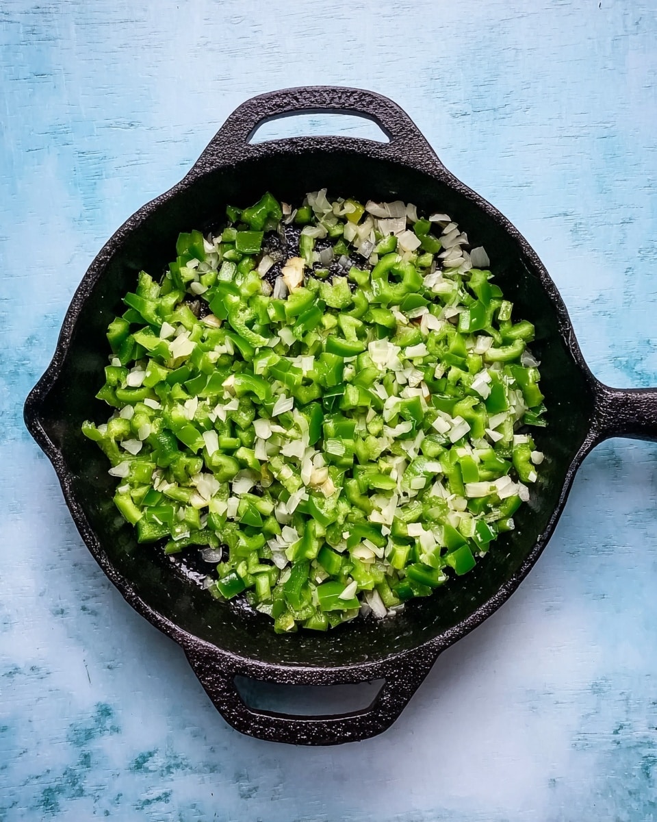 A black cast iron pan sits centered on a white marbled surface, filled with a single layer of chopped green bell peppers and finely chopped white onions. The vegetables are scattered evenly across the pan's cooking surface, showing a mix of soft green and crisp white colors. The pan has two handles, one on each side, with a textured cast iron surface visible between the vegetables. Photo taken with an iphone --ar 4:5 --v 7