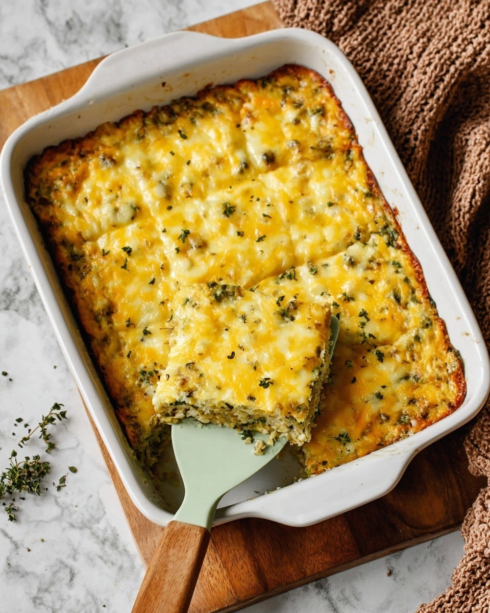 A rectangular white baking dish filled with a cheesy casserole that has a golden yellow melted cheese topping with small green herb specks visible on the surface. One square portion is being lifted by a pale green spatula with a wooden handle, showing a mix of green vegetables and grains underneath the cheese layer. The dish is placed on a wooden board, and the whole scene is set on a white marbled textured surface with a knitted brown cloth nearby. Small bits of herbs are scattered around, enhancing the fresh, homemade look of the casserole photo taken with an iphone --ar 4:5 --v 7