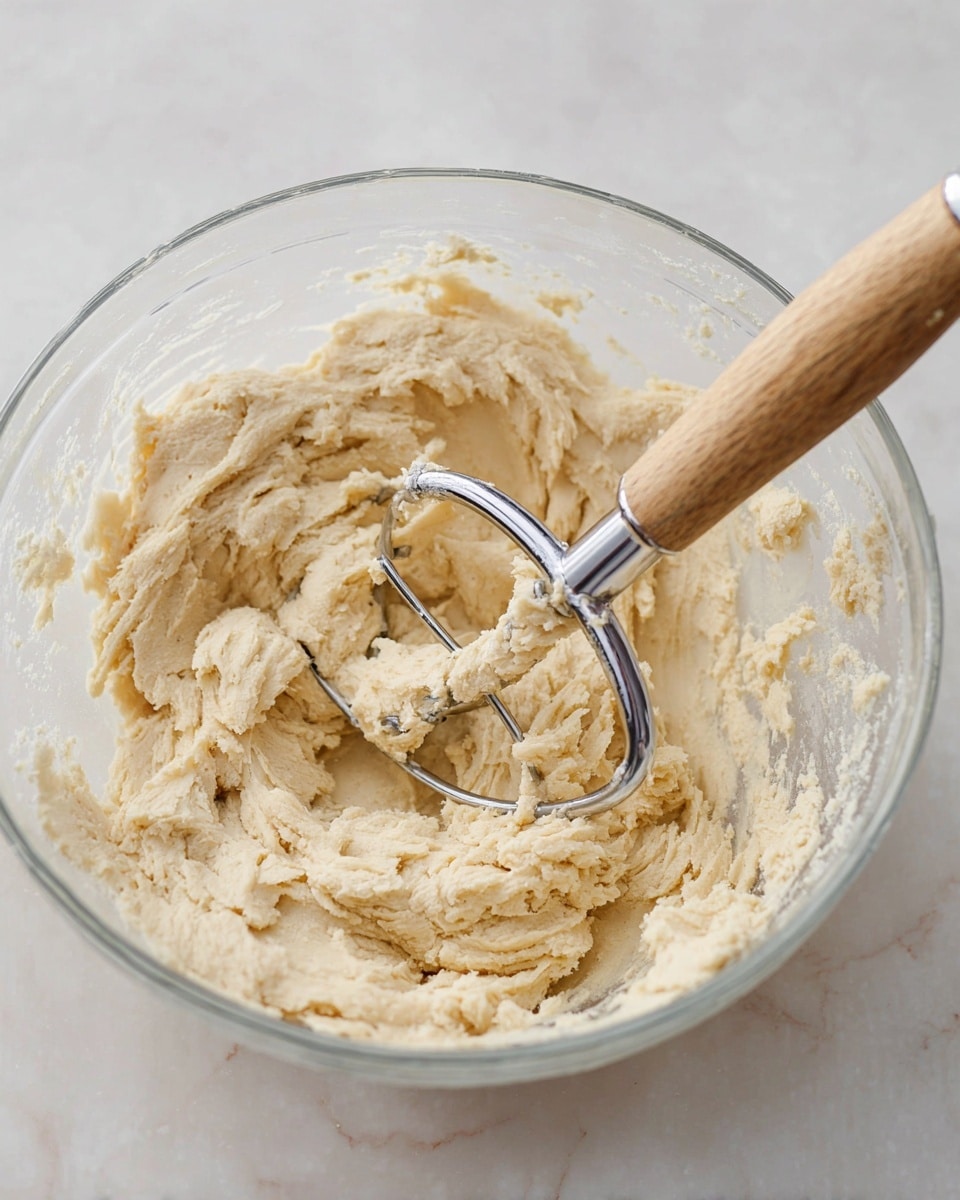 The image shows a close-up of a clear glass bowl filled with light beige dough that looks soft and sticky. Inside the bowl, there is a metal dough mixer with a wooden handle partially covered by the dough. The dough has a rough and lumpy texture with small air pockets and stretches around the metal curves of the mixer. The bowl rests on a white marbled surface. photo taken with an iphone --ar 4:5 --v 7