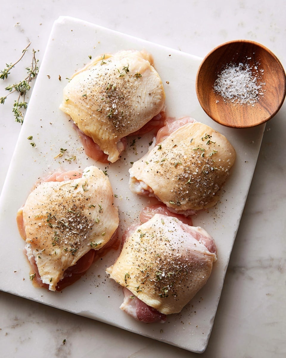 Four raw chicken thighs with skin showing a pale yellow color and light pink meat underneath are placed on a white cutting board. Each piece is sprinkled with coarse salt and cracked black pepper, with some dried herbs adding texture on top. To the right of the chicken is a small round wooden bowl holding coarse salt and herbs. The cutting board rests on a white marbled surface. photo taken with an iphone --ar 4:5 --v 7