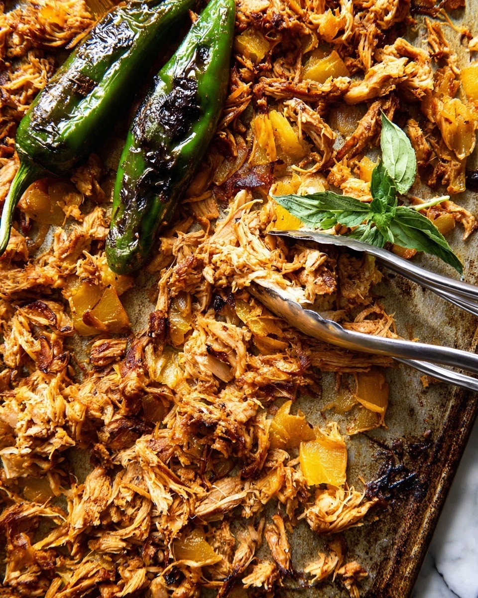 The image shows a close-up of shredded cooked meat with golden-brown tones mixed with small pieces of yellow vegetables, spread thinly on a rustic baking tray. On top of the meat, there are two long grilled green peppers with char marks, giving a slightly blackened texture. Near the peppers, a pair of silver tongs holds some of the meat, and there is a small green herb sprig adding a fresh touch. The whole scene is set on a white marbled surface. photo taken with an iphone --ar 4:5 --v 7
