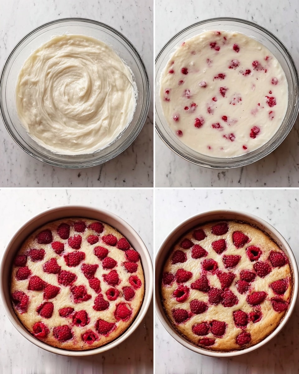 The image shows four parts of making a raspberry cake. The first part has a clear glass bowl filled with smooth, white cake batter with a textured swirl pattern on top. The second part shows the same bowl with small red bits mixed into the white batter, creating a dotted effect. The third part shows a round white pan with a layer of white batter spread evenly, topped with whole red raspberries placed across the surface. The fourth part shows the baked cake in the same pan, with a golden-brown top and the raspberries embedded and visible all over, slightly sunken into the cake. All these are on a white marbled surface. Photo taken with an iphone --ar 4:5 --v 7