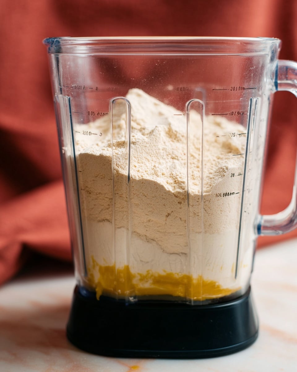 A close-up view of a clear blender container filled with layers of ingredients, placed on a black base against a soft red cloth background. The top layer consists of a light beige powder with a fine texture, nearly filling the blender. Below this, a creamy off-white layer with a smooth texture is visible. At the bottom, there is a small portion of a yellowish liquid, likely an egg or oil, creating a contrast with the powder and cream layers above. The blender container has measurement markings on its side, and the whole setup sits on a white marbled surface. Photo taken with an iphone --ar 4:5 --v 7