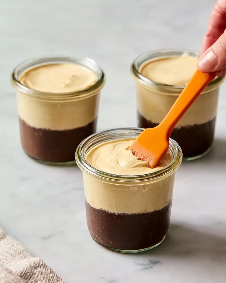 Three small clear glass jars sit on a white marbled surface, each filled with two layers: a thick dark brown bottom layer and a creamy light beige top layer. One jar is in the foreground with a woman's hand holding an orange spatula resting on the jar, spreading the creamy top layer smoothly. The other two jars stand behind it, showing the same two layers with smooth, flat tops. The light reflects softly on the glass jars and the creamy layer, highlighting their smooth texture. Photo taken with an iphone --ar 4:5 --v 7