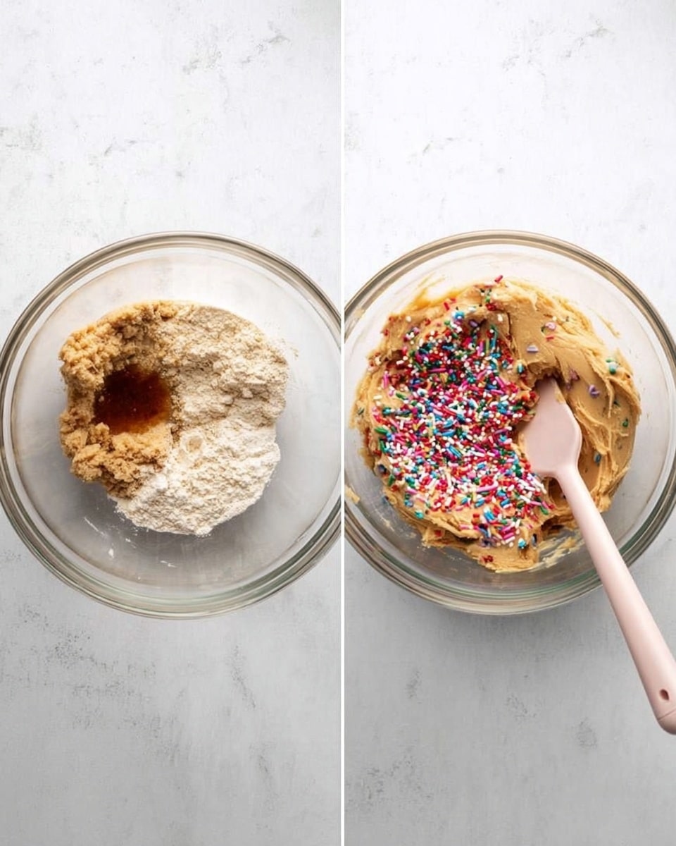 Two images side by side show the process of making cookie dough in a clear glass bowl on a white marbled surface. The left image shows dry and wet ingredients separate inside the bowl: light tan peanut butter, beige flour, white baking soda, and dark vanilla extract, all unmixed. The right image shows the mixed peanut butter dough, thick and creamy with a light brown color, covered with bright, colorful round sprinkles on top and a pale pink spatula resting inside the bowl. Photo taken with an iphone --ar 4:5 --v 7