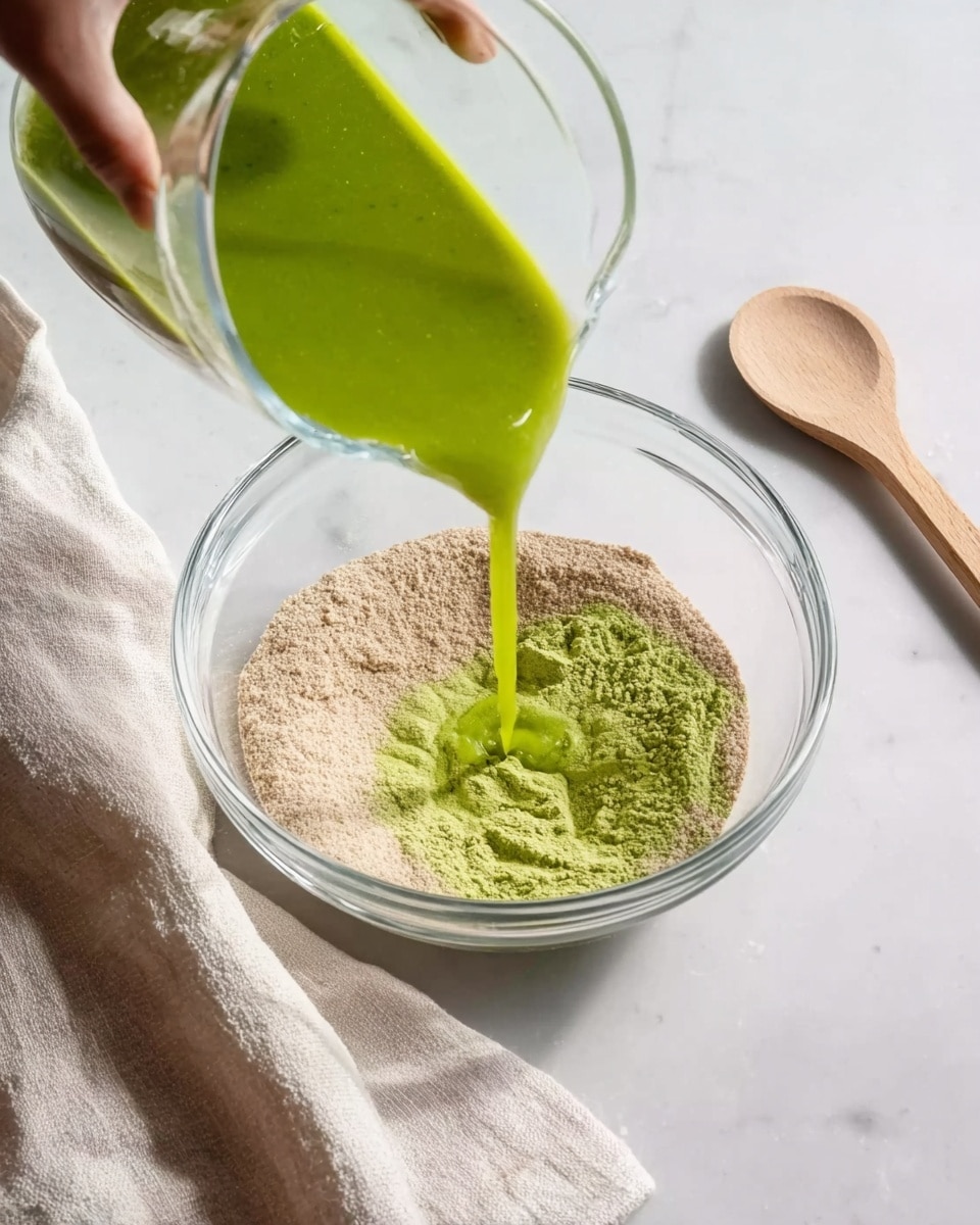 A clear glass bowl on a white marbled surface contains a dry, light brown powder layer at the bottom. A woman's hand is pouring a smooth, bright green liquid from a clear pitcher into the bowl, creating a vivid contrast between the green liquid and the brown powder. To the right of the bowl, there is a light wooden spoon lying flat. A soft cream-colored cloth lies near the bottom left corner of the scene, adding texture. The overall lighting is bright and natural, highlighting the fresh and clean colors. photo taken with an iphone --ar 4:5 --v 7