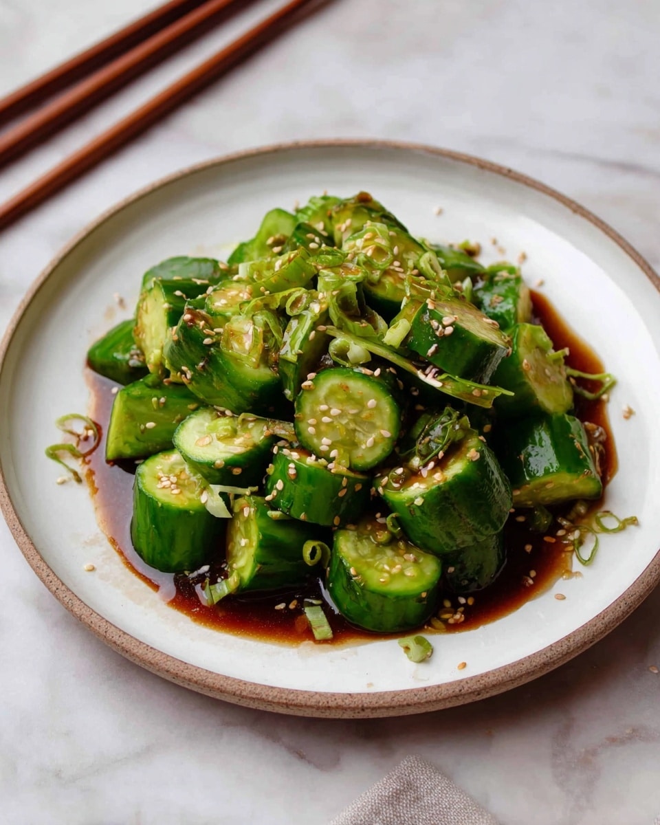 The dish shows a white plate filled with sliced green cucumbers that have a glossy look from a dark brown sauce underneath them. The cucumber slices are cut thick and unevenly, piled in the center of the plate. Small brown sesame seeds and finely chopped green onions are sprinkled evenly across the cucumbers, adding a speckled texture on top. The plate rests on a white marbled surface, with a pair of brown chopsticks positioned diagonally in the background. Photo taken with an iphone --ar 4:5 --v 7