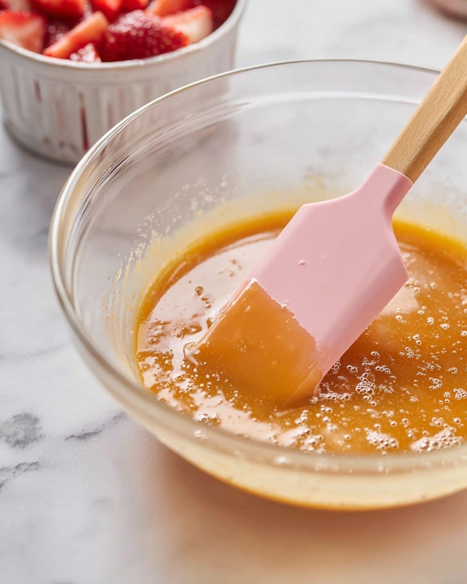 A clear glass bowl sits on a white marbled surface, filled with a single layer of shiny, golden caramel liquid that has small bubbles on its surface, giving a smooth and glossy look. A pink silicone spatula with a wooden handle is partly submerged, gently stirring the caramel mixture, and some of the caramel clings to the spatula's flat end, reflecting warm light. In the blurred background, there is a white metal cup filled with red chopped strawberries, adding a pop of color. Photo taken with an iphone --ar 4:5 --v 7