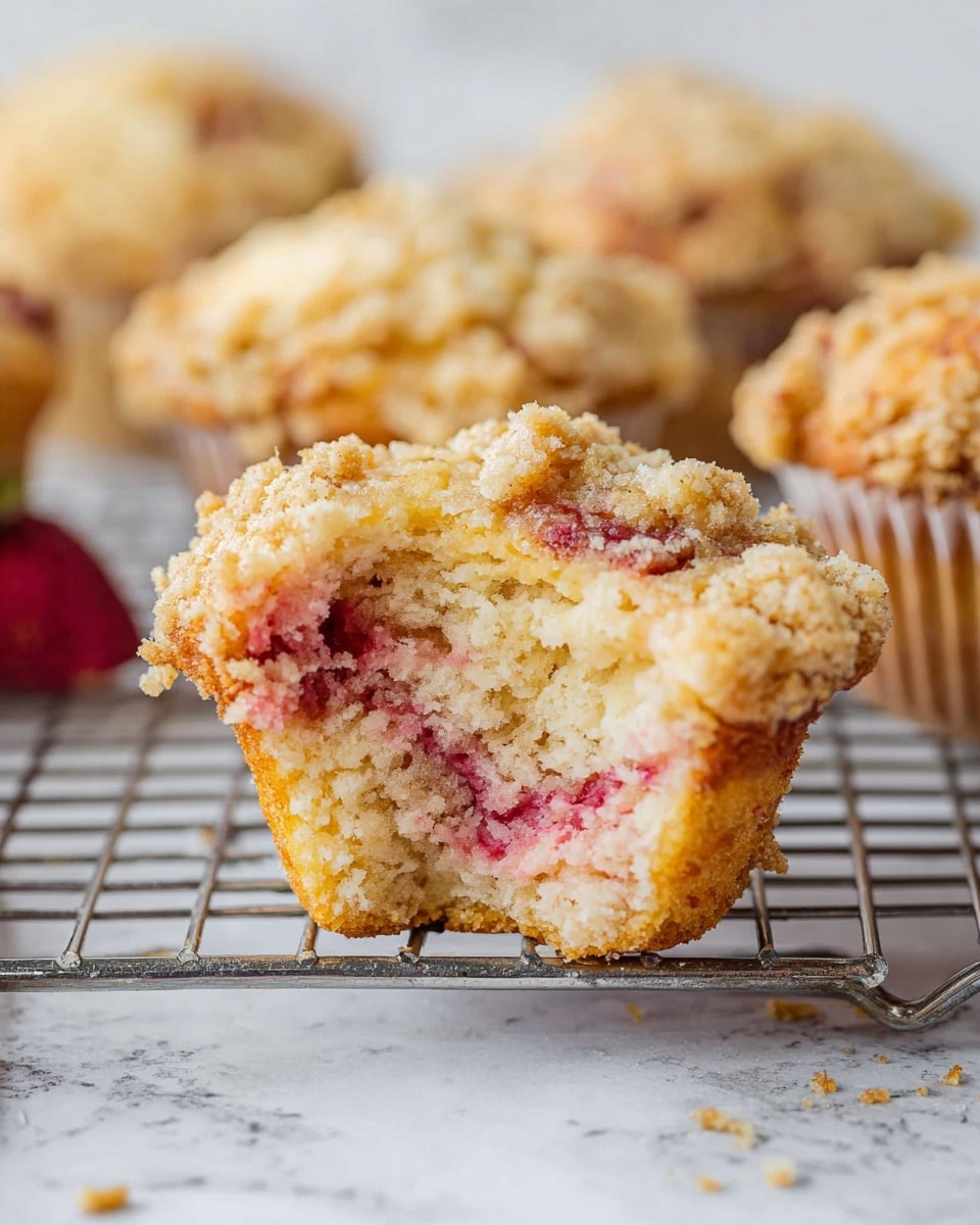 The image shows a close-up of a crumb-topped muffin with a bite taken out, revealing soft pink and light crumb layers inside. The muffin has a golden-brown crumbly topping with a rough texture, and the inside has swirls of pink mixed with the light beige crumb. The muffin sits on a silver cooling rack over a white marbled surface. In the background, more muffins with similar crumbly tops are slightly out of focus on the white marbled surface. photo taken with an iphone --ar 4:5 --v 7